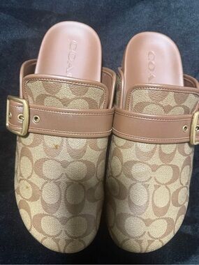 Coach Brown Signature Clog Slides with Buckle Strap